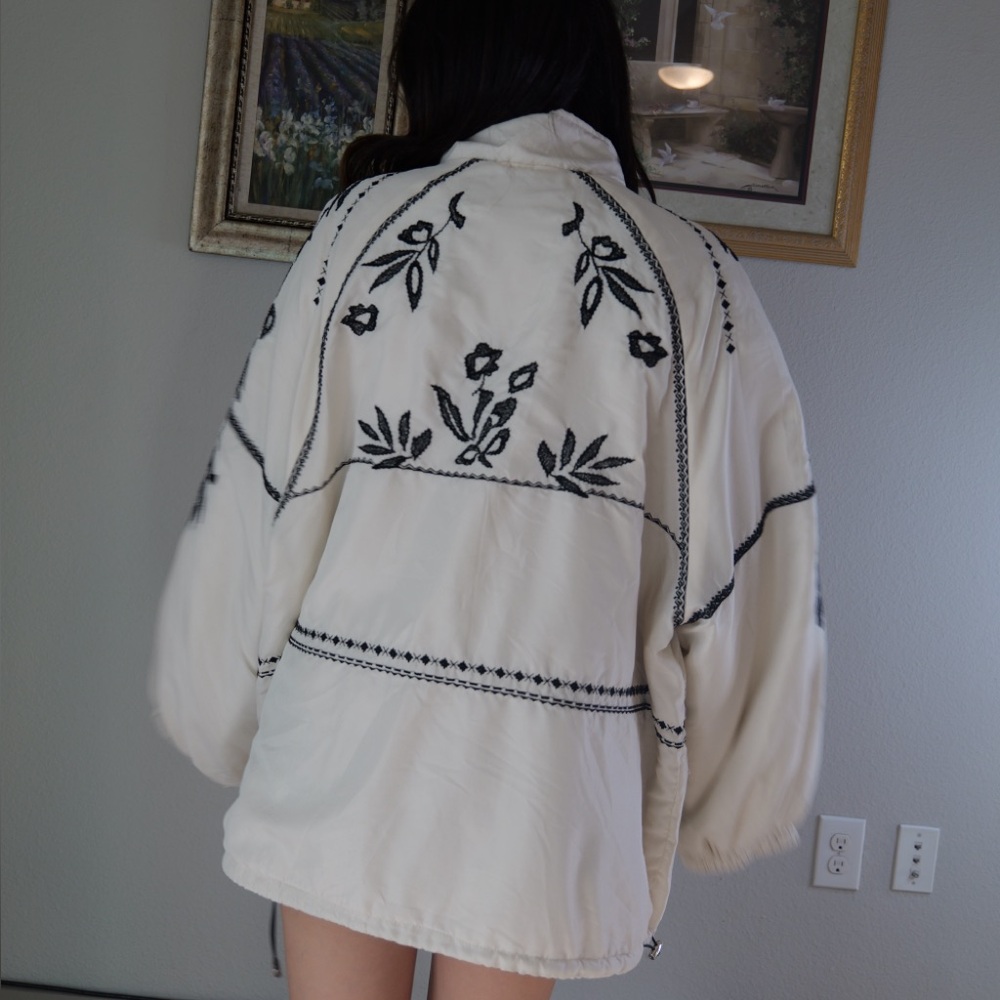 Anthropologie Ivory Puffer Jacket with Black Embroidered Floral - Picture 3 of 5